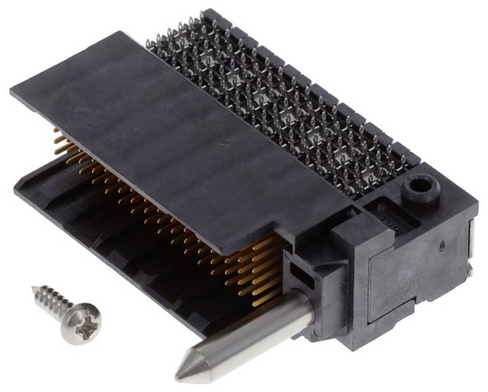 Elektrický konektor s množstvom kovových kolíkov určených pre obvody na platni je spárovaný s malou skrutkou vedľa neho.