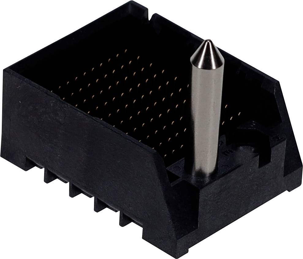 Obdĺžnikový čierny plastový elektronický konektor s viacerými malými zástrčkovými otvormi a jediným vysokým kovovým kolíkom na jednej strane.