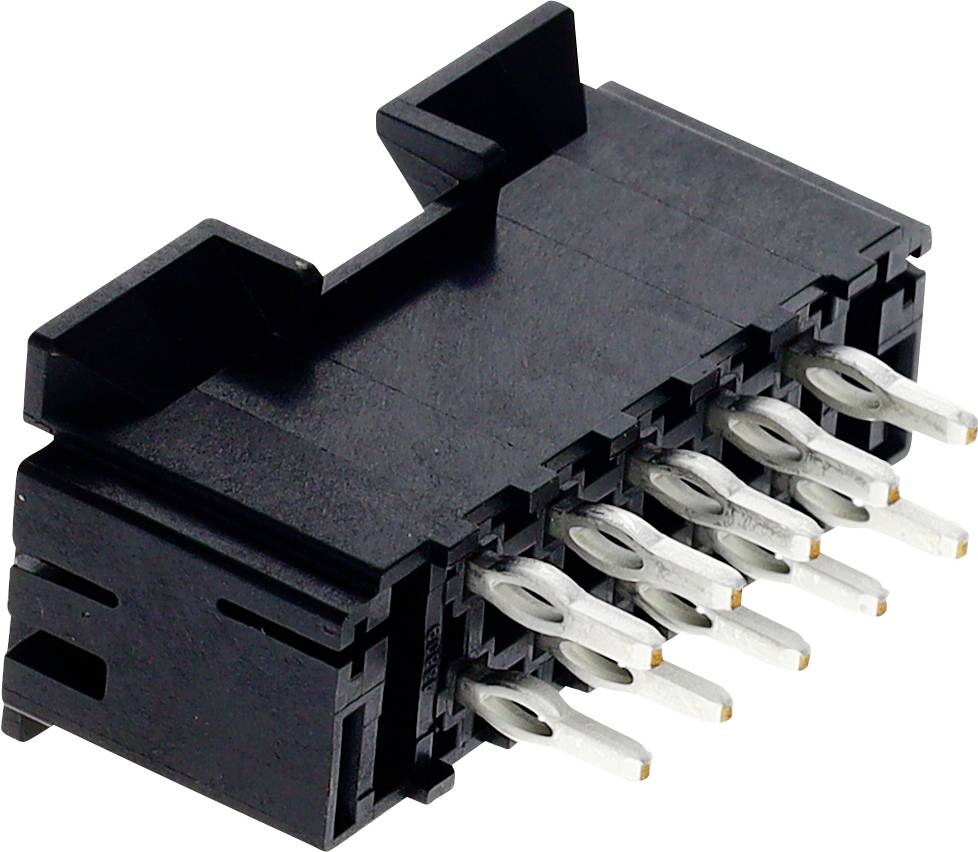 Čierny, obdĺžnikový elektrický konektor s viacerými kovovými kolíkmi vyčnievajúcimi von.