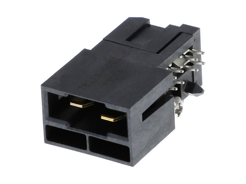 Čierny elektrický konektor s viacerými kovovými kontaktmi, vhodný pre elektronické obvody a zariadenia.