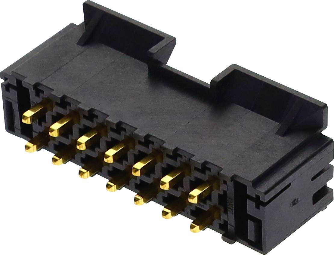 Čierny plastový konektor s desiatimi pozlátenými kolíkmi používaný pre elektronické zariadenia, zobrazený z uhla.
