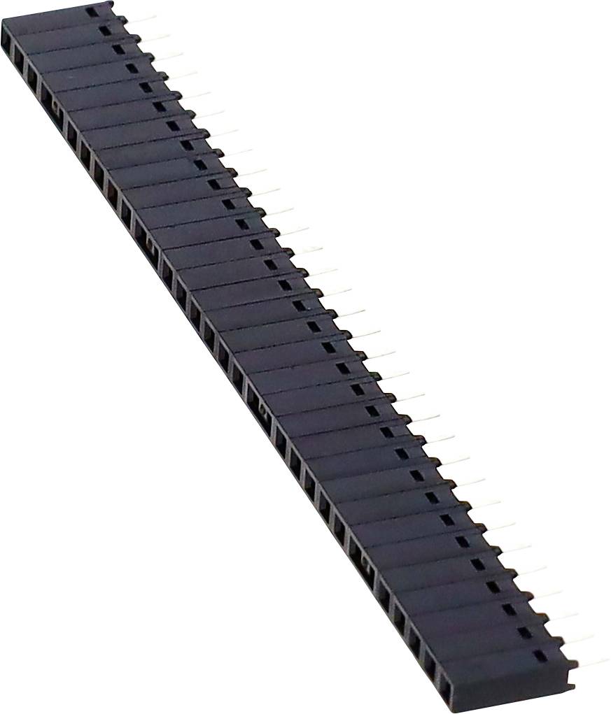 Čierny 40-pinový samica konektor so striebornými kolíkmi je zobrazený diagonálne cez biele pozadie.