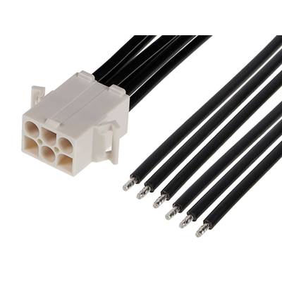 Biely, obdĺžnikový plastový konektor s piatimi čiernymi, oddelenými káblami. Používa sa na elektronické prepojenia.