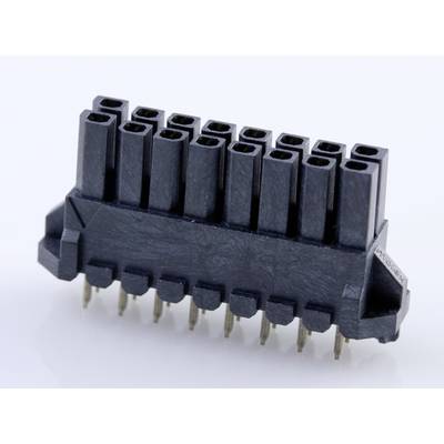 Čierny elektrický konektor s viacerými kolíkmi, ktorý stojí vzpriamene. Vhodný na prepájanie elektronických obvodov.
