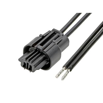 Čierny elektrický konektor s dvoma holými vodičmi, vhodný pre projekty elektroinštalácií alebo elektronické prepojenia.