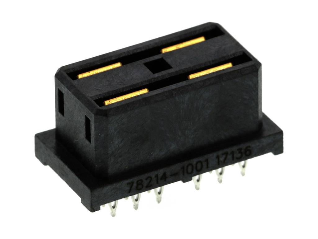 Čierny, obdĺžnikový elektronický konektor s viacerými striebornými kolíkmi na spodnej strane.