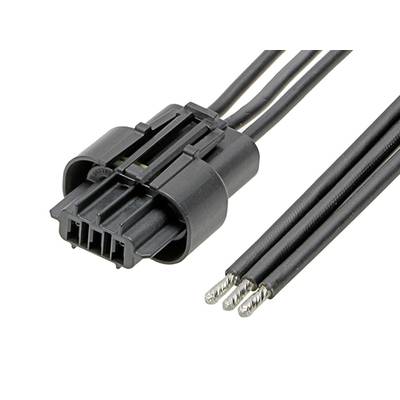Čierny, viacpólový elektrický konektor s tromi voľnými koncami káblov, ktoré možno použiť na zapojenie.