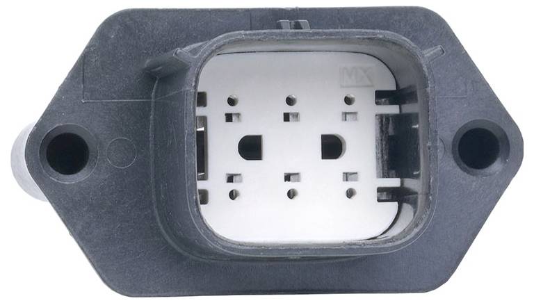 Obdĺžniková čierna plastová elektrická spojka s viacerými otvormi pre kolíky, s dvomi montážnymi otvormi na každej strane pre pripevnenie.