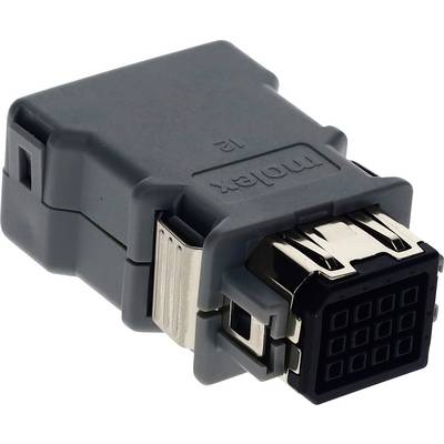 Obdĺžnikový priemyselný elektrický konektor s tmavým, rebrovaným krytom a kovovými západkami zobrazený z bočného pohľadu.