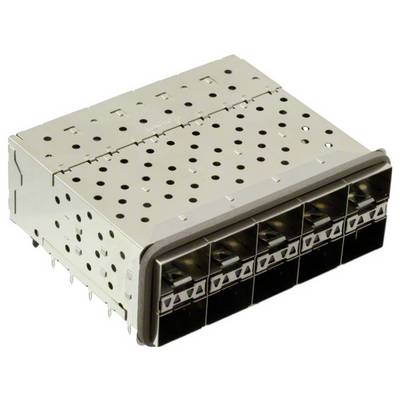 Kovový elektronický komponent s viacerými portovými slotmi, pravdepodobne určený na sieťové alebo dátové prepojenia, s perforovaným dizajnom krytu.