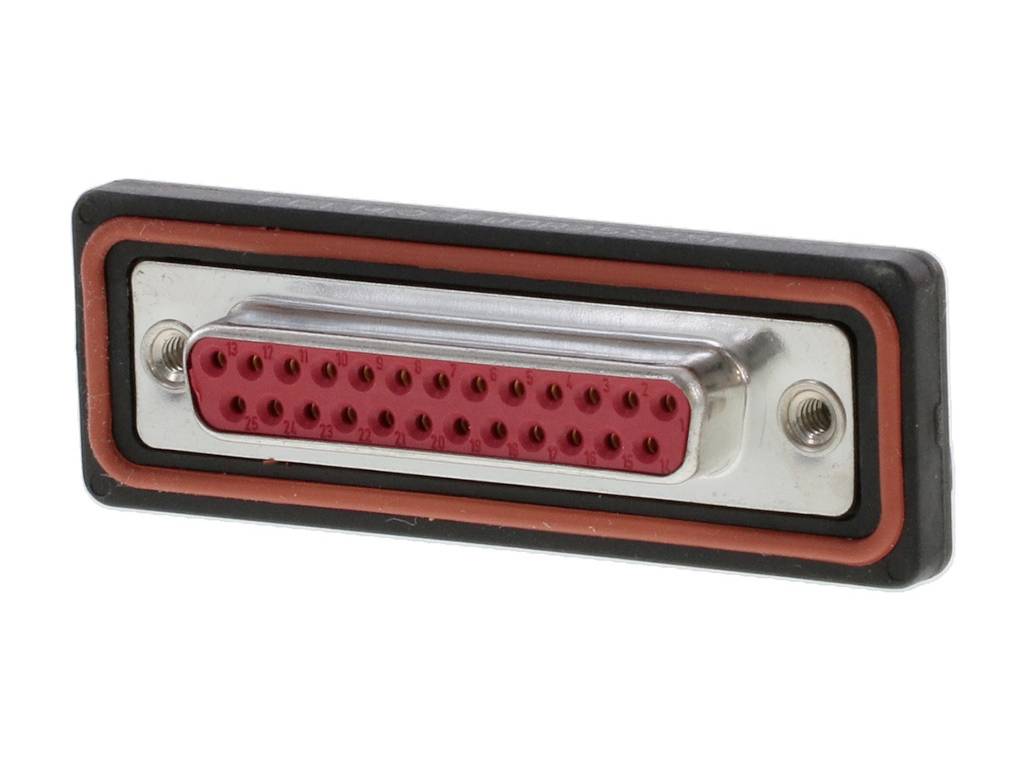 Obdĺžnikový, viacpólový elektrický konektor s červeným vložením a čiernym rámom, vhodný pre technické aplikácie.