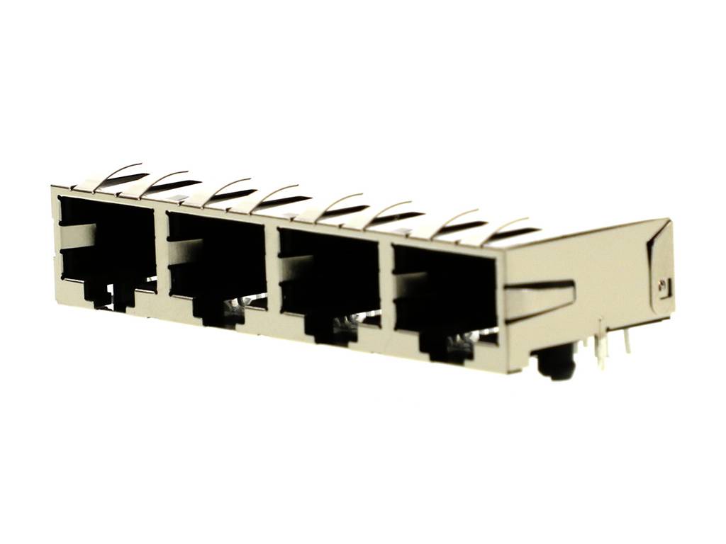 RJ45 modul so štyrmi ethernetovými portami, používaný pre sieťové pripojenia. Strieborné kovové kontakty sú viditeľné.