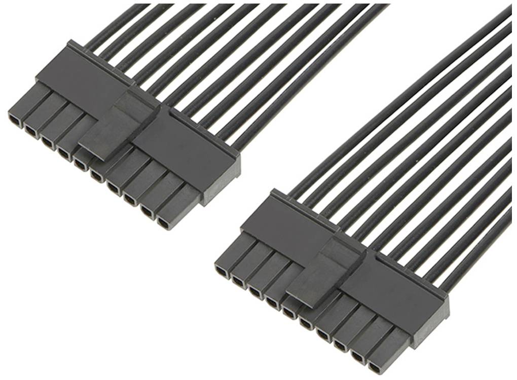 Dva čierne 10-pinové konektory s paralelne prebiehajúcimi káblami. Sú vhodné na prepojenie elektronických zariadení.
