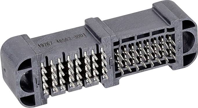 Detailný záber viacpinového elektronického konektora, zobrazujúci jeho kovové kontakty a obdĺžnikový plastový kryt určený pre technické hardvérové použitie.