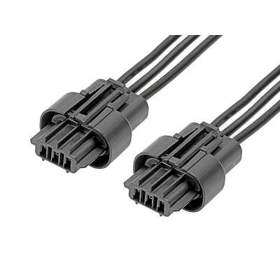 Dva čierne elektrické konektory s príslušnými štyrmi pinmi a troma paralelne uloženými káblami na bielom pozadí.