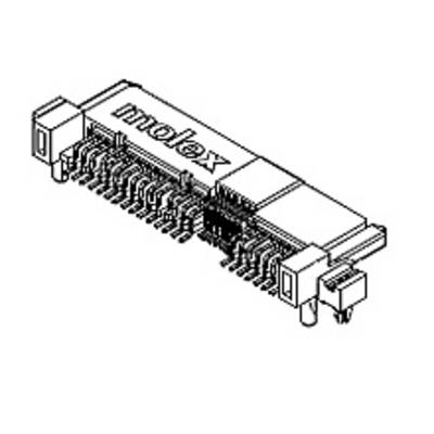 Ilustrácia Molex konektora s viacerými pripojovacími kolíkmi a názvom značky 'molex' vytlačeným hore.