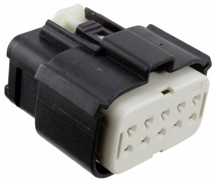 Obdĺžnikový čierno-biely elektrický konektor s viacerými pinmi, navrhnutý na bezpečné spojenie káblov v elektronických zariadeniach.