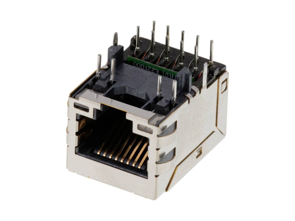 Ethernetový port s viacerými kovovými kontaktmi pre sieťové pripojenia, obklopený kovovým a čiernym plastovým obalom.