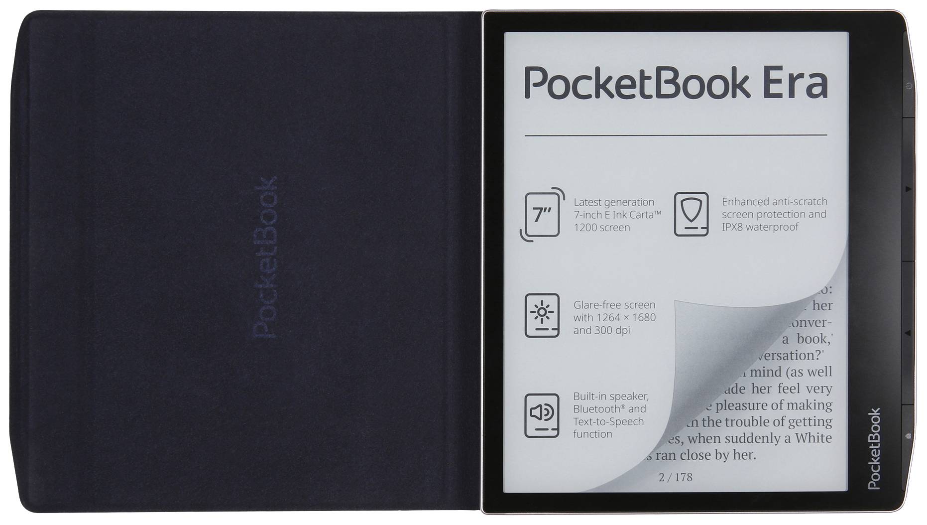 Elektronická čítačka s otvoreným obalom, zobrazujúca obrazovku s textovými detailmi: 'PocketBook Era', displej E-Ink, vodotesná, Bluetooth.