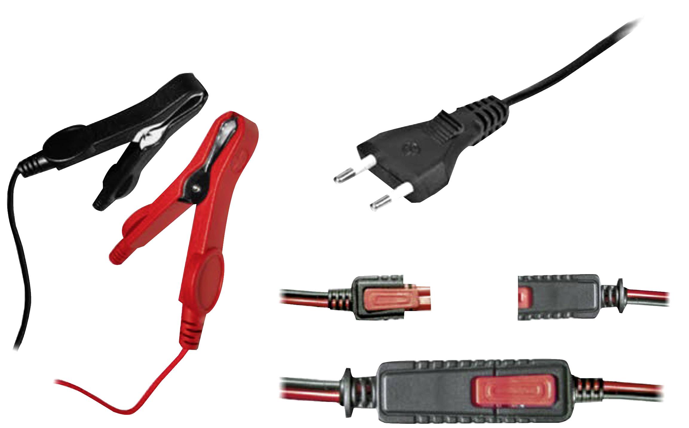 Súprava nabíjacích káblov s červenými a čiernymi svorkami, adaptérom do EÚ zásuvky a prepájacími prvkami na prenos elektrického prúdu.