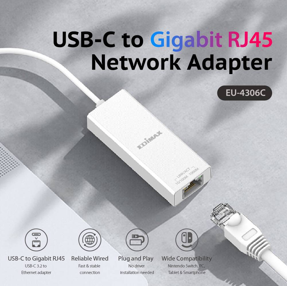 USB-C na gigabitový RJ45 sieťový adaptér, model EU-4306C, zobrazený s pripojením k laptopu. Funkcie: RJ45 port, spoľahlivé káblové pripojenie, podpora plug-and-play.
