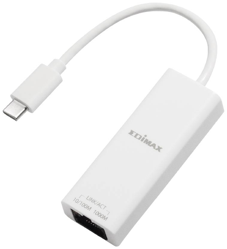 Biely USB-C na Ethernet adaptér od Edimax, ktorý umožňuje káblovým spôsobom pripojiť zariadenia bez ethernetového portu na internet.
