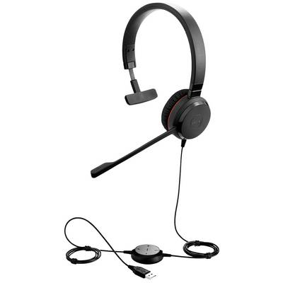 Čierna USB headset so súpravou na ucho a mikrofonovou konzolou. Má integrovaný ovládací panel s tlačidlami na ovládanie hlasitosti na kábli.