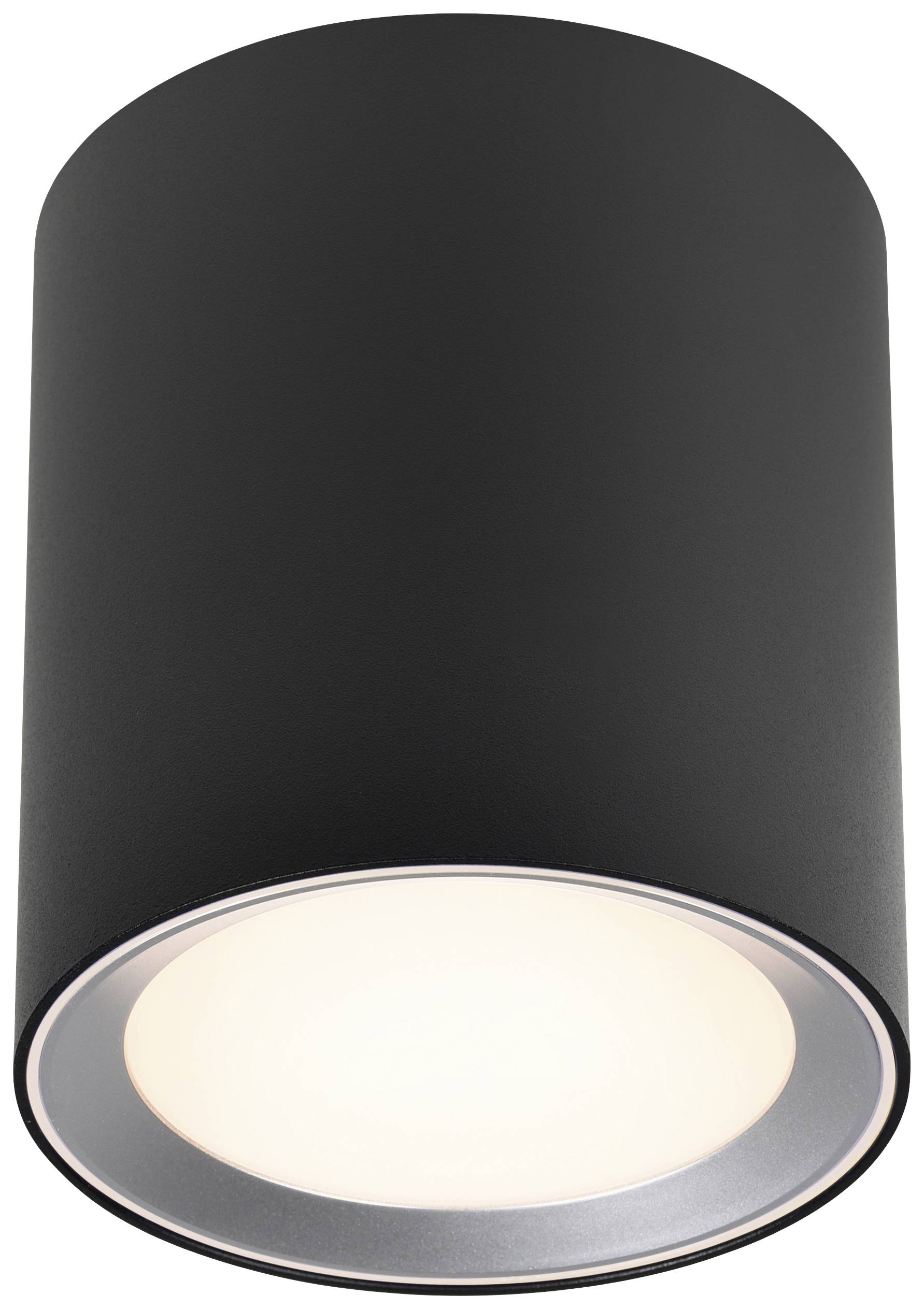 Čierne cylindrické stropné svietidlo s difúznym svetelným výstupom, vhodné do moderných interiérov.