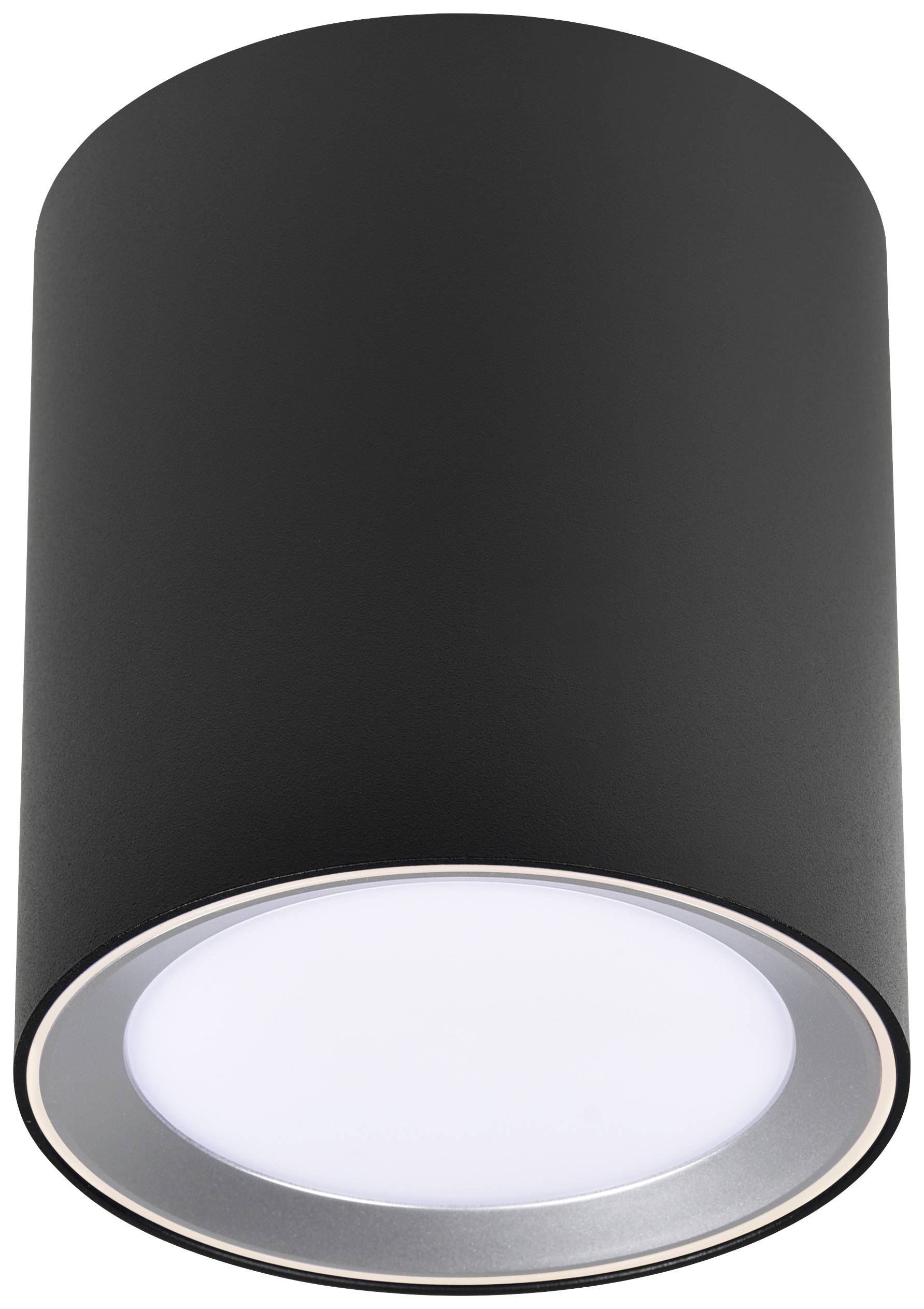 Valcová, čierna stropná lampa s okrúhlym bielym svetelným výstupom, vhodná do moderných interiérov.