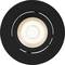 Okrúhle, čierne stropné LED svietidlo, ktoré svieti smerom nadol. Má centrálny, jasný svetelný kruh s jemnou, koncentrickou štruktúrou.