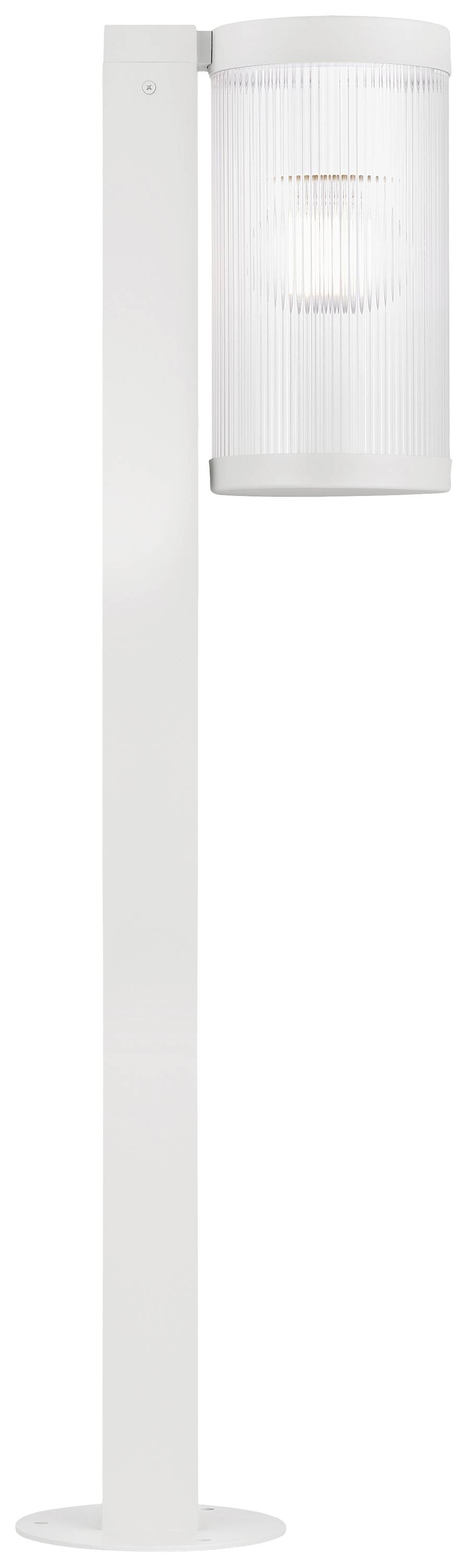 Moderná biela stojanová lampa s valcovitým tienidlom, ktoré jemne rozptyľuje svetlo. Ideálna pre súčasné obytné priestory.