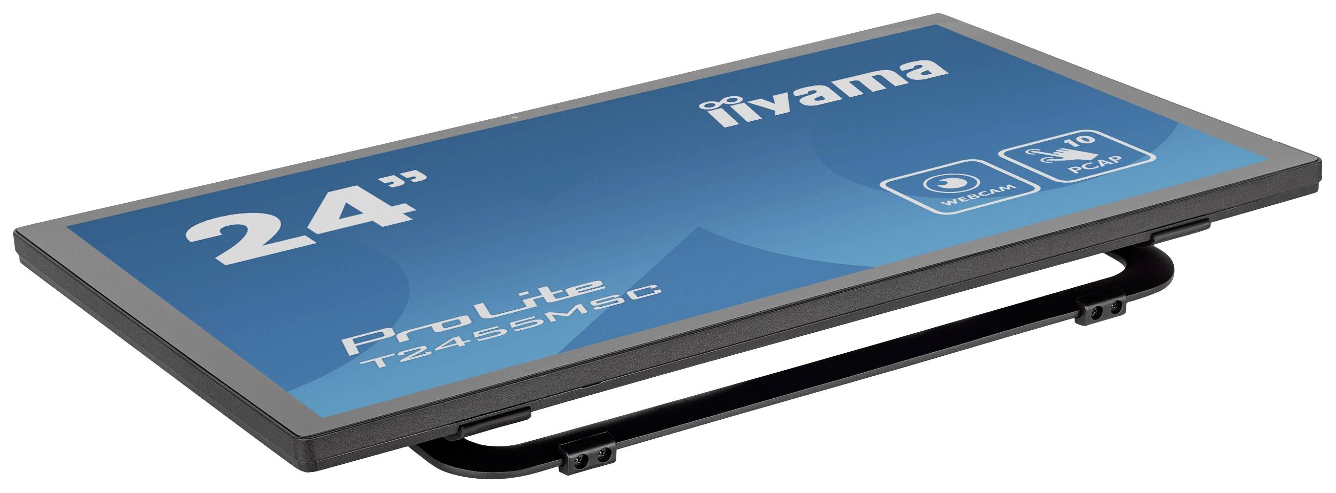 Na stole leží monitor Iiyama ProLite T2454MSC s uhlopriečkou 24 palcov. Na obrazovke je zobrazené logo, veľkosť obrazovky, symboly pre infračervené a 10-bodové multidotykové ovládanie.