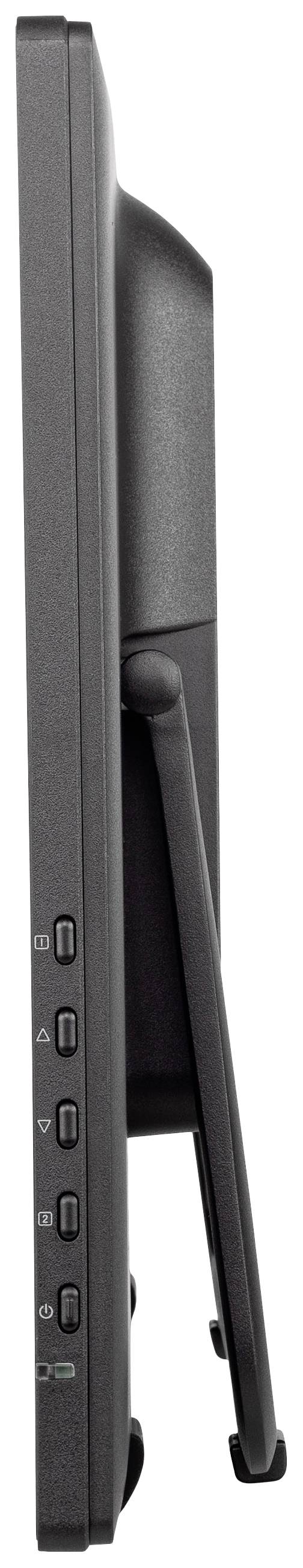 Pohľad zboku na čierny počítačový monitor s viacerými USB portami a stojanom na podporu.