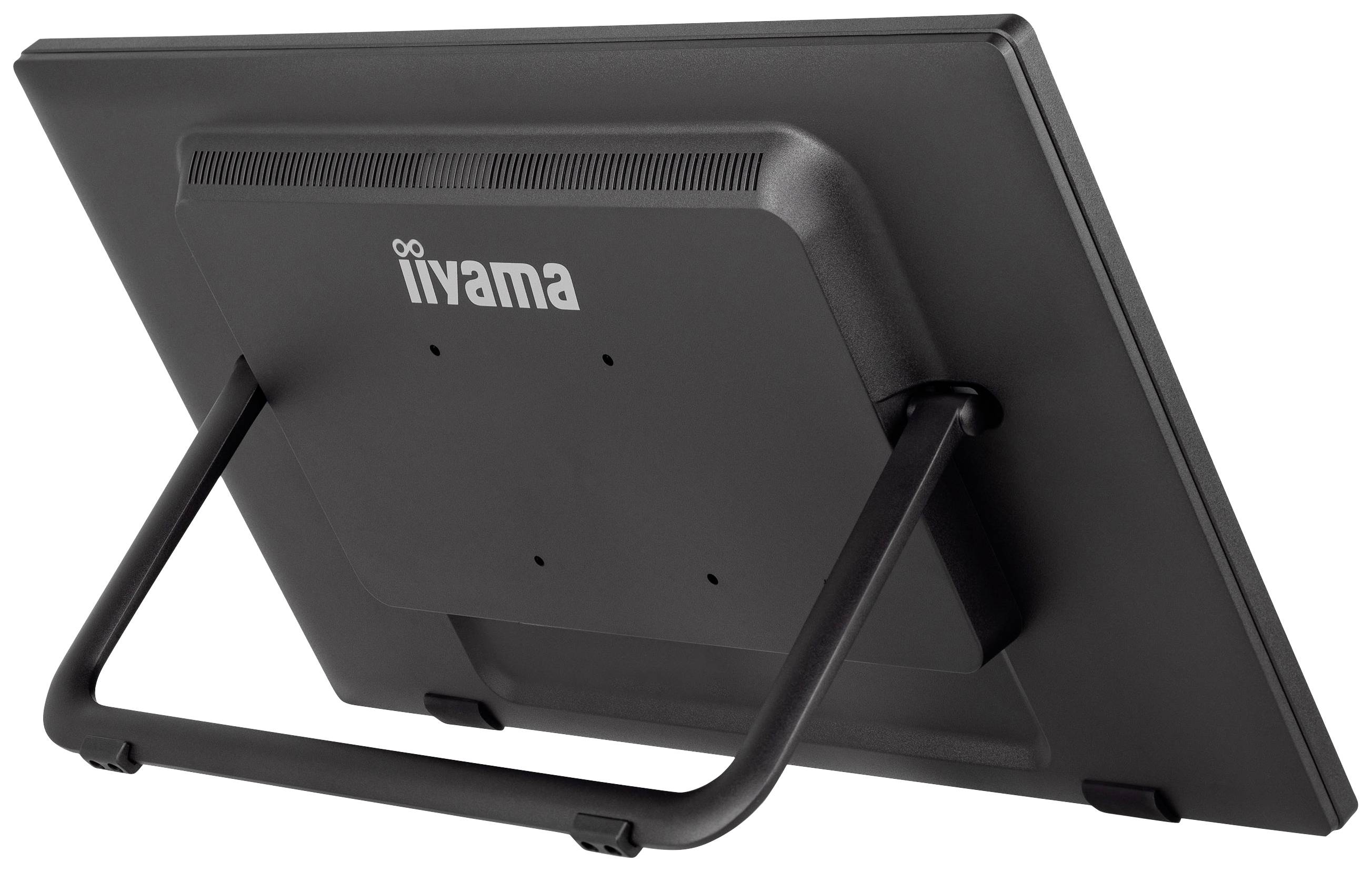 Čierny monitor iiyama pohľadený zozadu so štylizovaným stojanom pripravený na umiestnenie na stole.