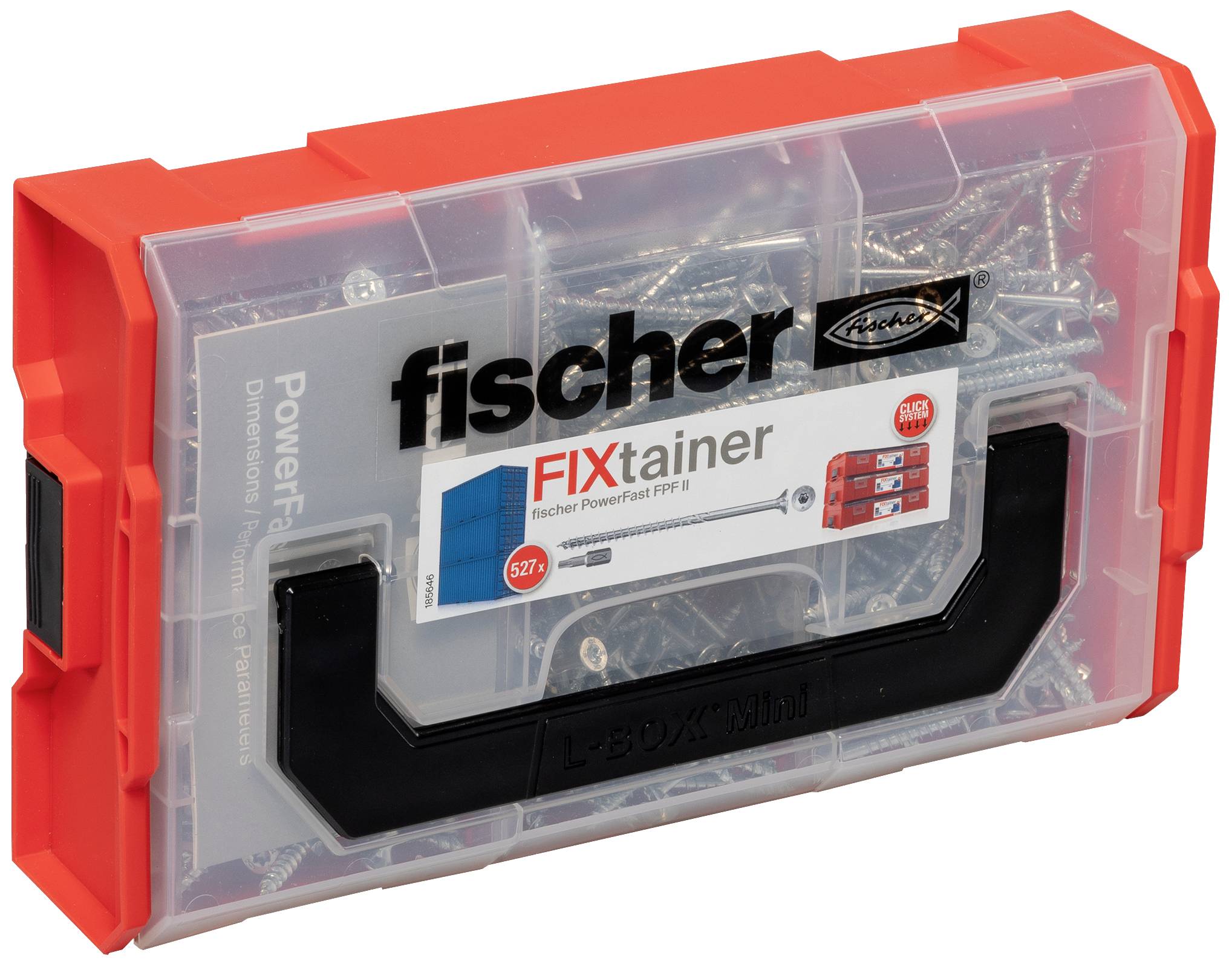 "Fischer FIXtainer": Červená plastová škatuľa s priehľadným vekom, naplnená rôznymi skrutkami. Firemné logo a názov produktu na prednej strane.