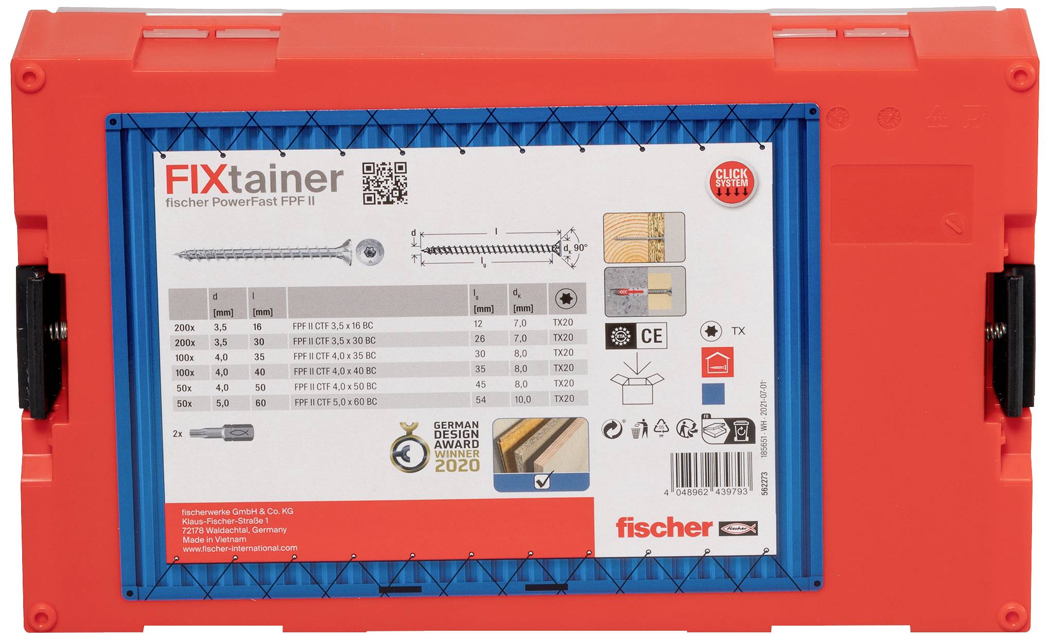 Plastový FIXtainer box od Fischera so skrutkami. Na prednej strane sú uvedené výrobné detaily, rozmery a ocenenia.