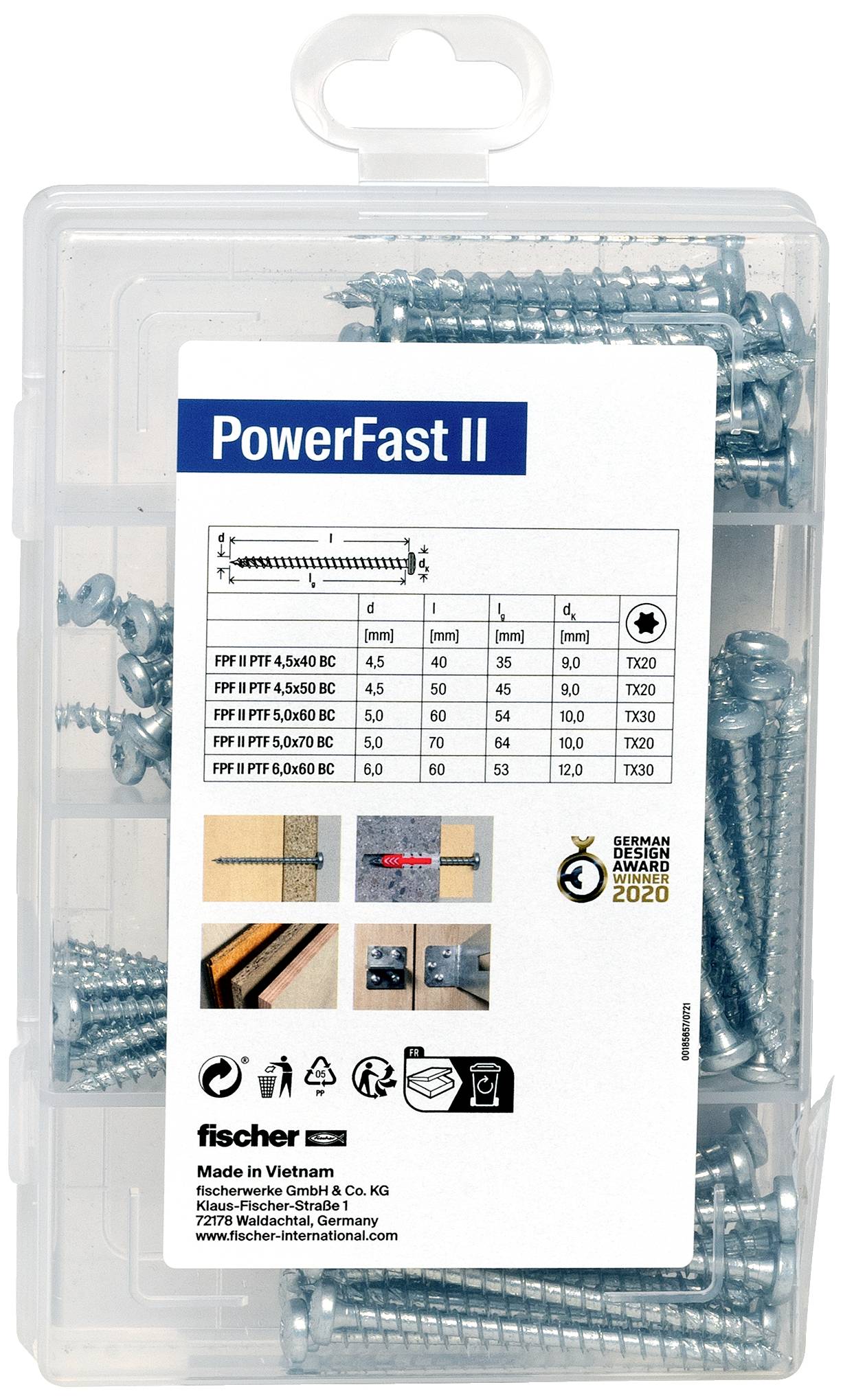 Plastová škatuľa so skrutkami 'PowerFast II'. Obsahuje technické detaily o skrutkách vrátane veľkosti a rozmerov.