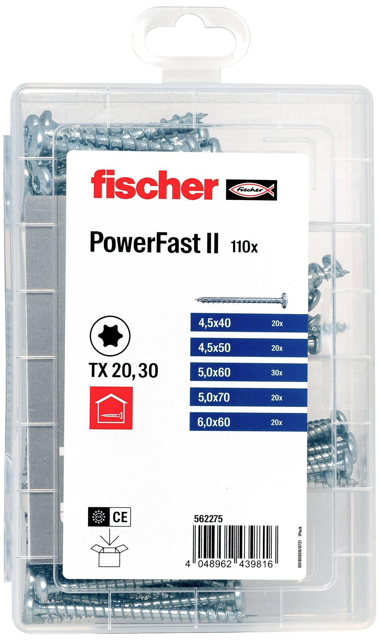 Priehľadná plastová škatuľa s rôznymi skrutkami Fischer PowerFast II s rozmermi od 4,5x40 do 6,0x60.