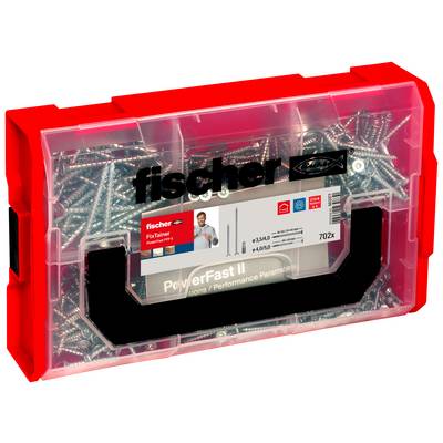 Priehľadný červený plastový box naplnený skrutkami Fischer PowerFast II, označený „fischer" a „PowerFast II", s držadlom na prednej strane.