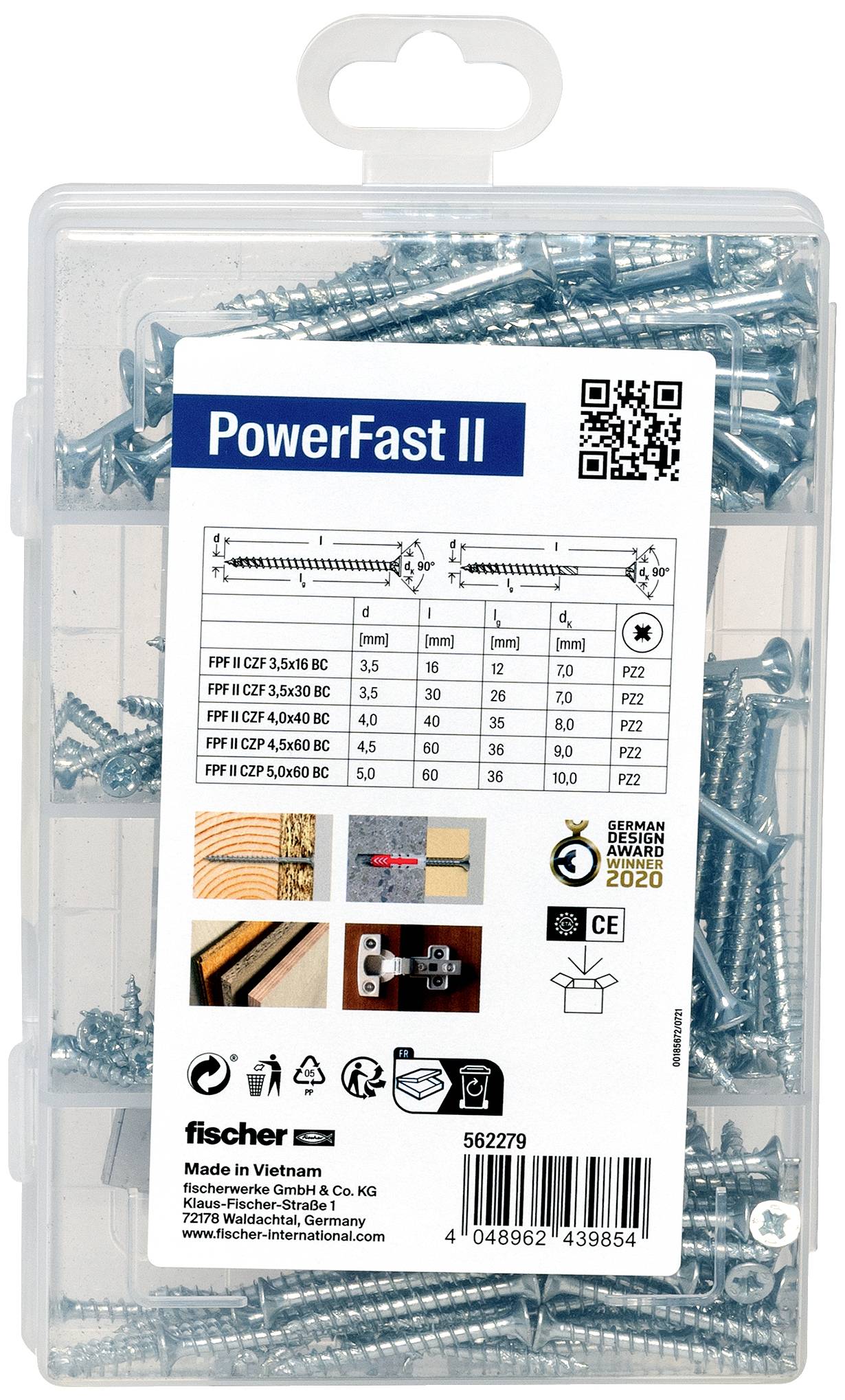 Plastikový box so skrutkami 'PowerFast II' do dreva. Na prednej strane sú vyobrazené rozmery, detaily výrobcu a pokyny na použitie.