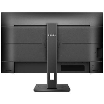 Zadný pohľad na čierny monitor značky Philips. Stojan je umiestnený centrálne a zobrazuje logo značky. Žiadne viditeľné konektory.