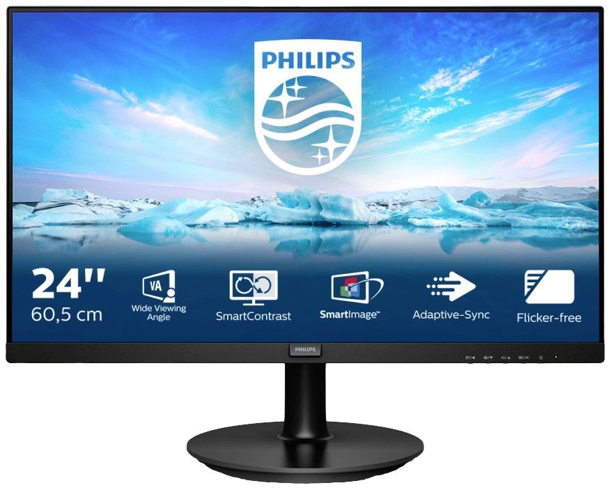 24-palcový monitor Philips s modrou arktickou pozadím. Znázornené funkcie: Široký pozorovací uhol, SmartContrast, SmartImage, Adaptive-Sync, Bez blikania.