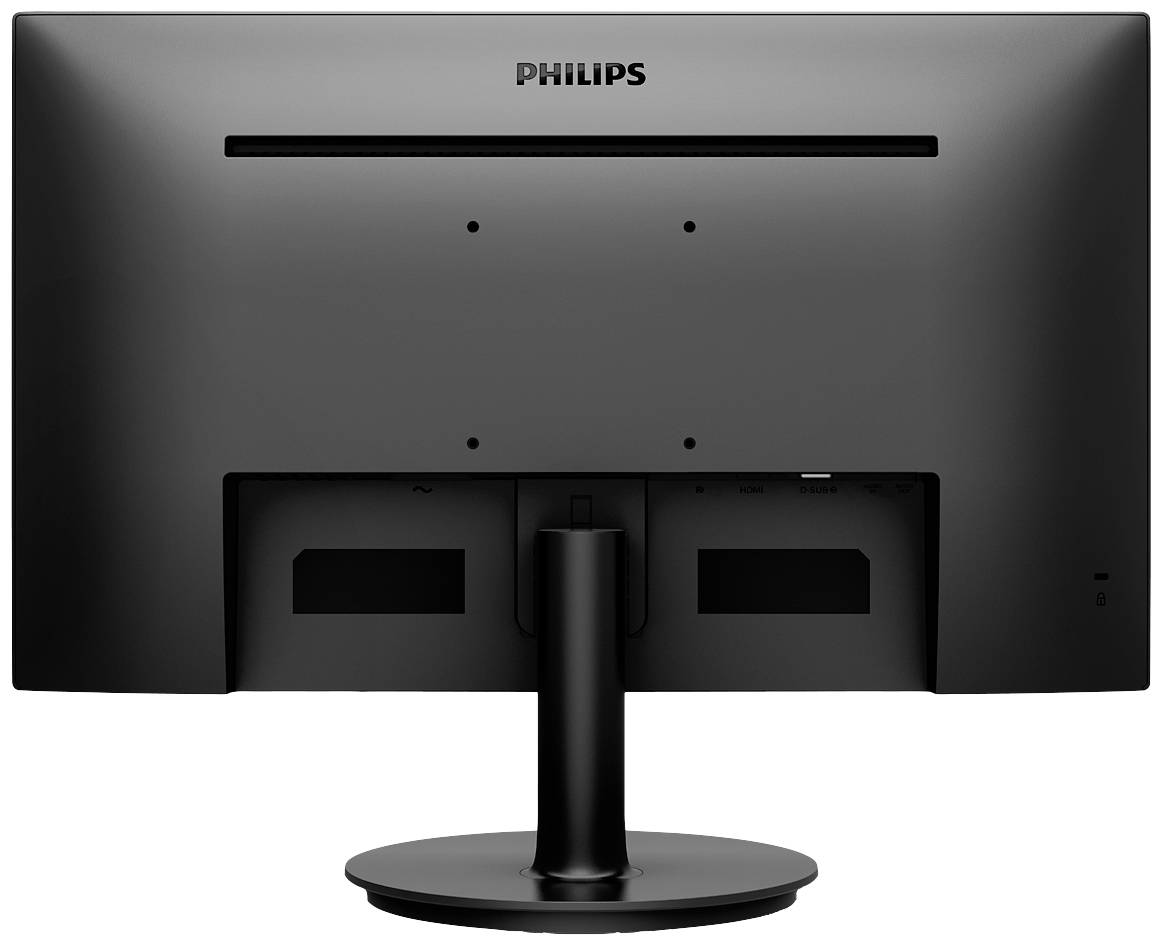 Čierny monitor Philips z pohľadu zozadu, zobrazujúci stojan a montážne body, bez viditeľných káblov alebo konektorov.