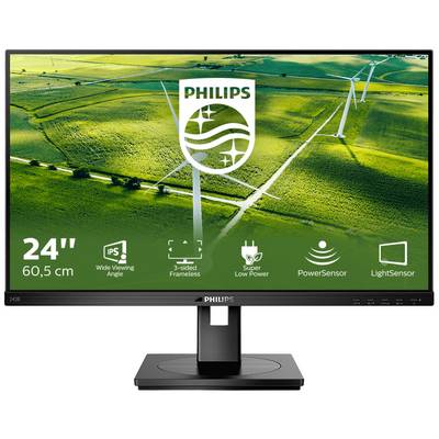 Monitor od Philipsu, model 241B, zobrazuje obrázok veterných turbín na zelenom poli. Obrazovka má veľkosť 24 palcov.