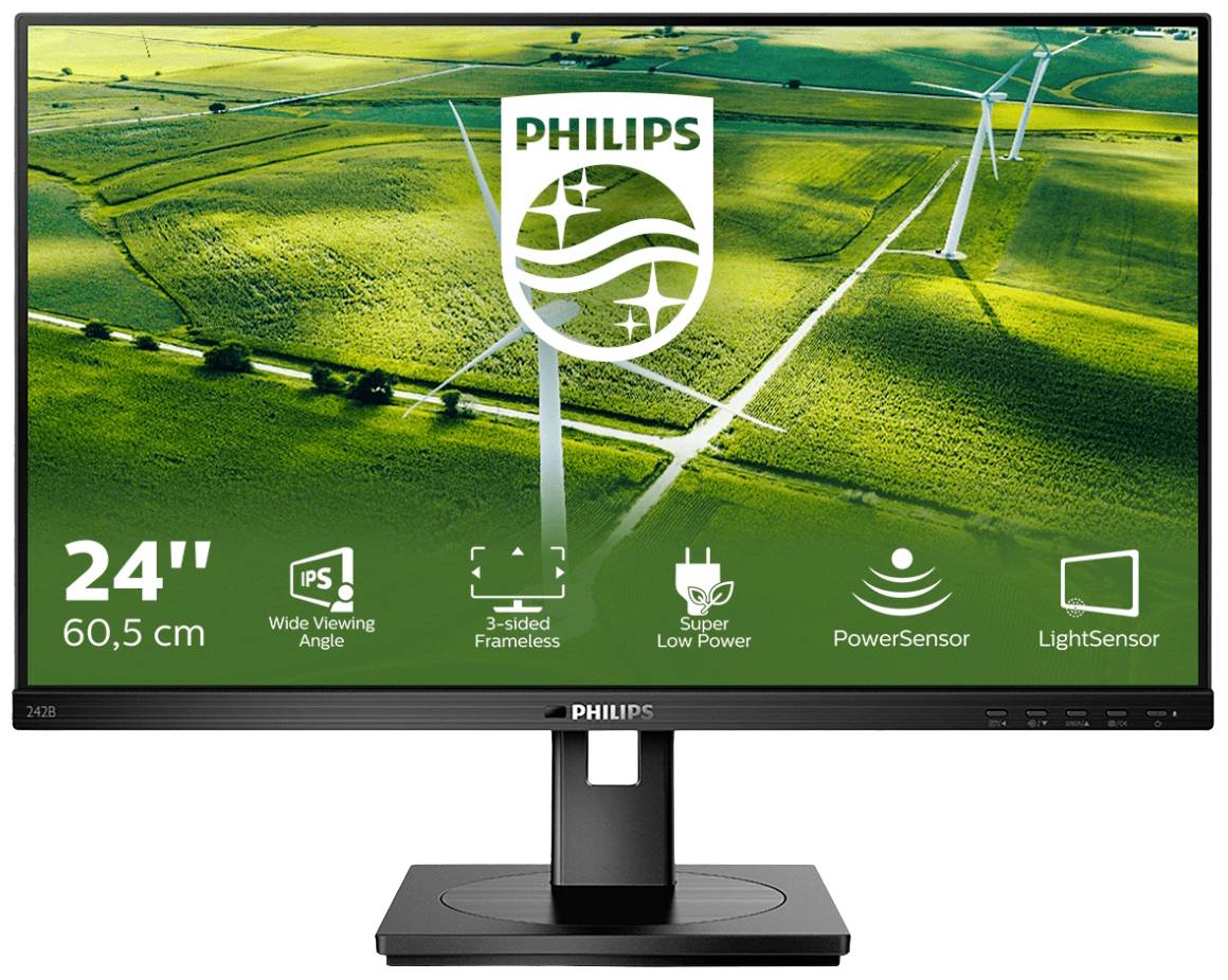24-palcový monitor Philips v zelenej farbe s veterníkmi v pozadí. Ikony zobrazujú funkcie: široký pozorovací uhol, úsporný na energiu, senzory.