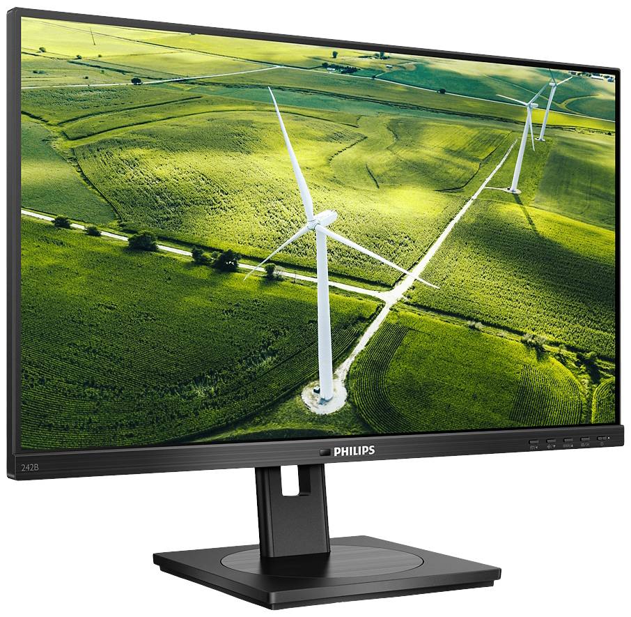 Monitor zobrazuje obrázok veterných elektrární v zelenej krajine, symbolizuje obnoviteľné zdroje energie a udržateľnosť.
