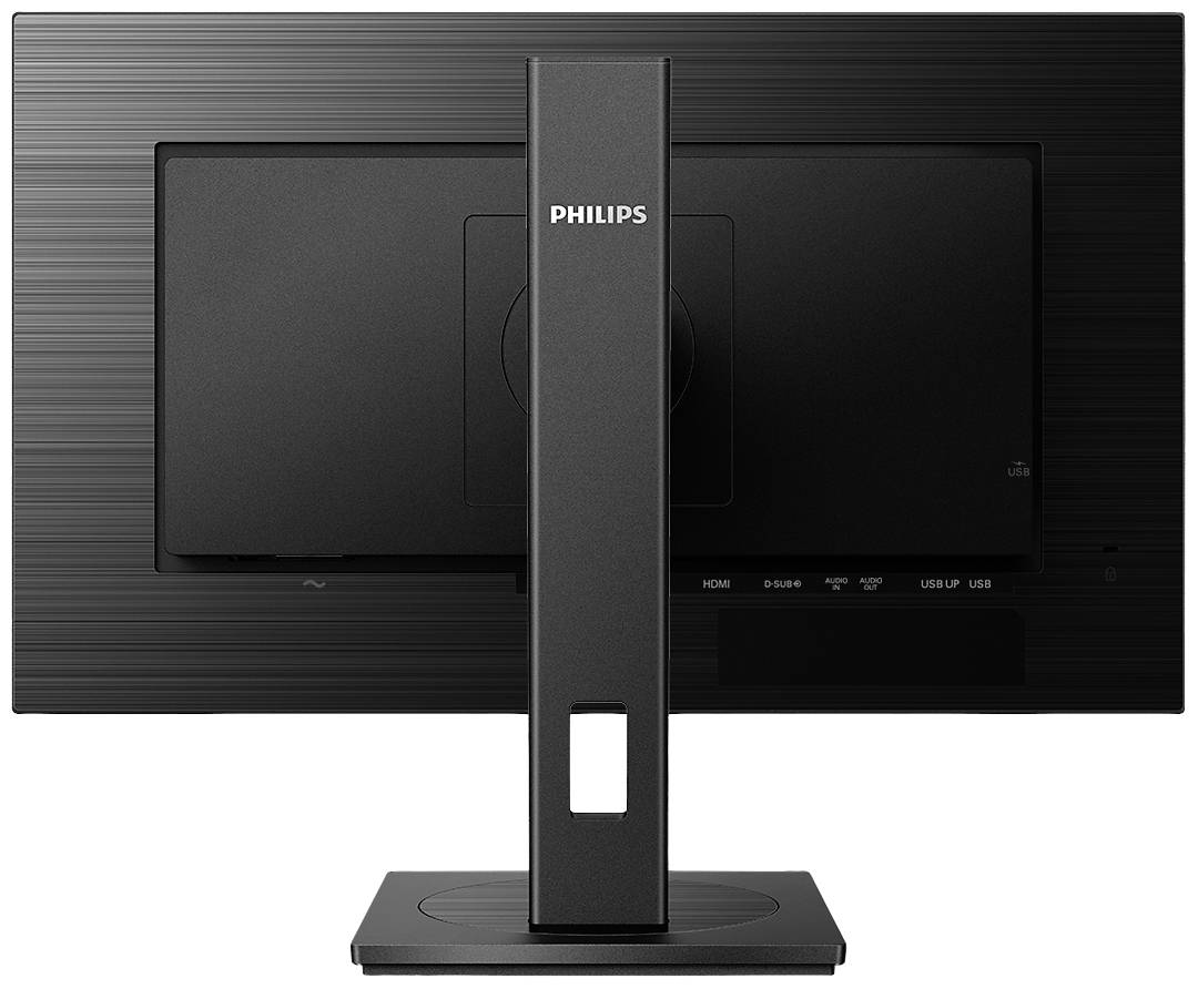 Zadný pohľad na počítačový monitor značky Philips so stabilnou podstavou. Konektory: HDMI, DisplayPort, USB.