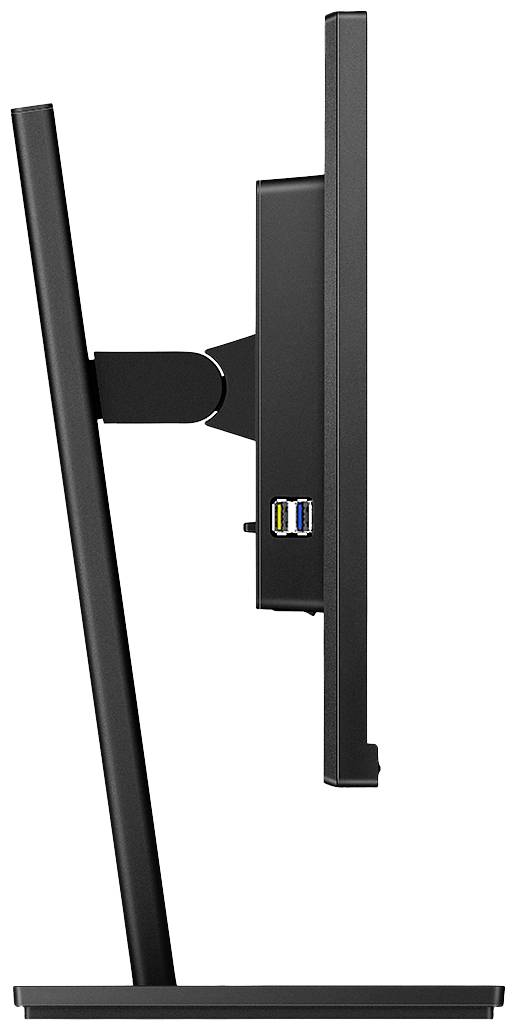 Pohľad zboku na čierny počítačový monitor s elegantným dizajnom a konektormi na boku.