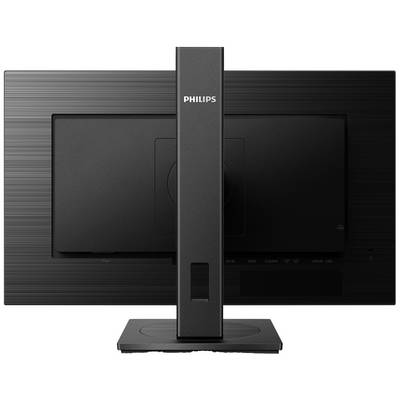 Čierny monitor Philips z pohľadu zozadu, zobrazujúci centrálne upevnenie stojana a nenápadný dizajn s horizontálnymi líniami.