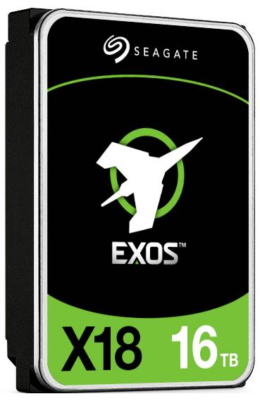 Pevný disk Seagate EXOS X18 s kapacitou 16 TB, v čiernom a zelenom dizajne. Primárne používaný na hromadné ukladanie dát.